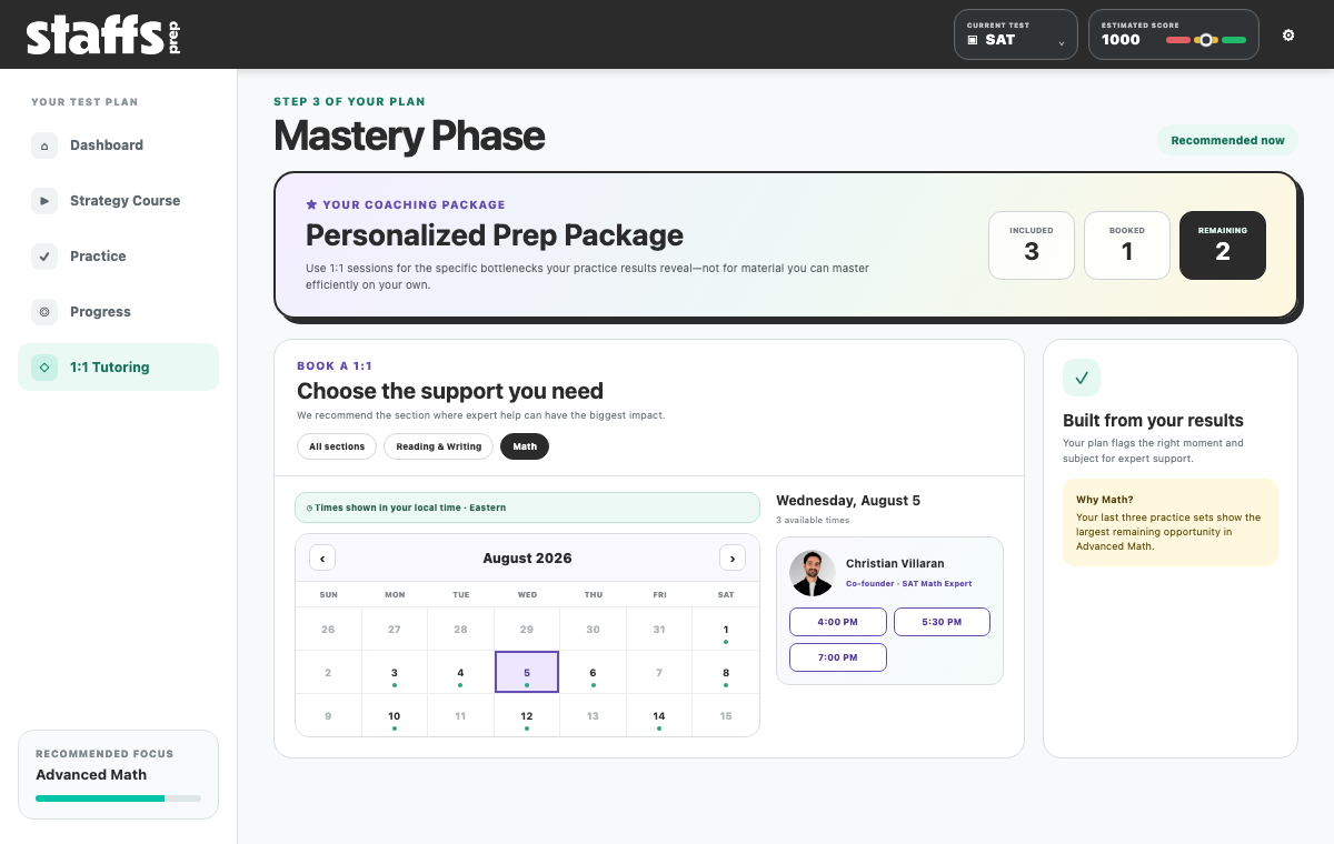 STAFFS Prep tutoring screen showing real tutors and available appointment times