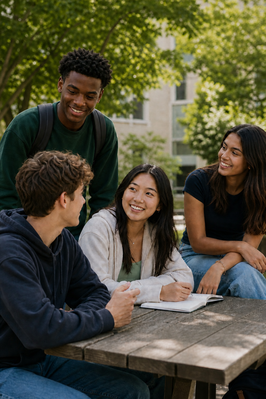 Four students talking together around a courtyard table