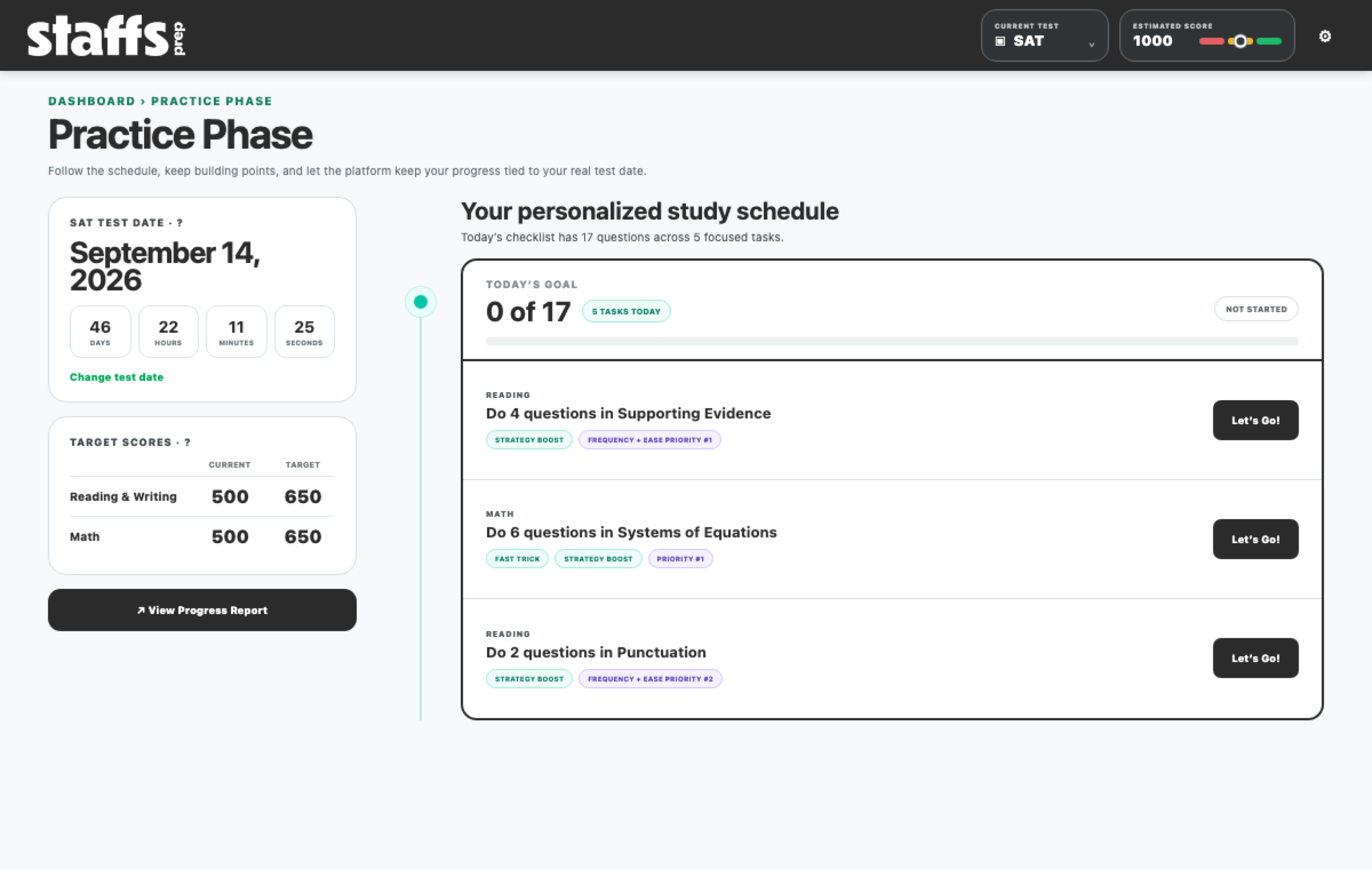 Staffs Prep app showing a personalized practice schedule and student progress